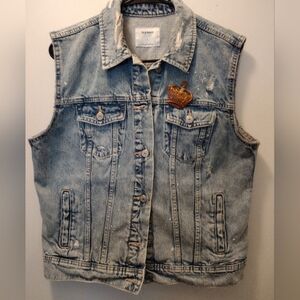 Old Navy Light Blue Distressed Denim Vest with Gold Crown Patch